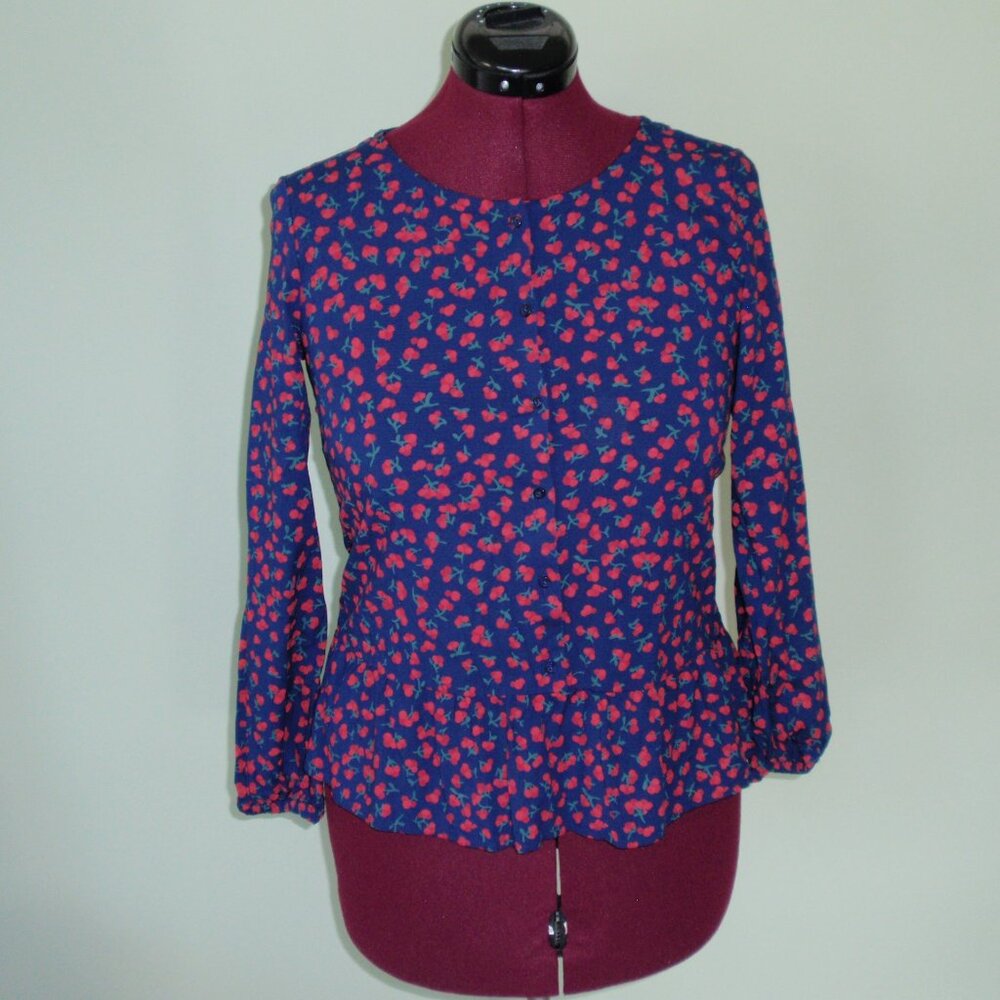 Vineyard Vines Cherries Print Girls Long Sleeve Peplum Top Blouse Sz XL